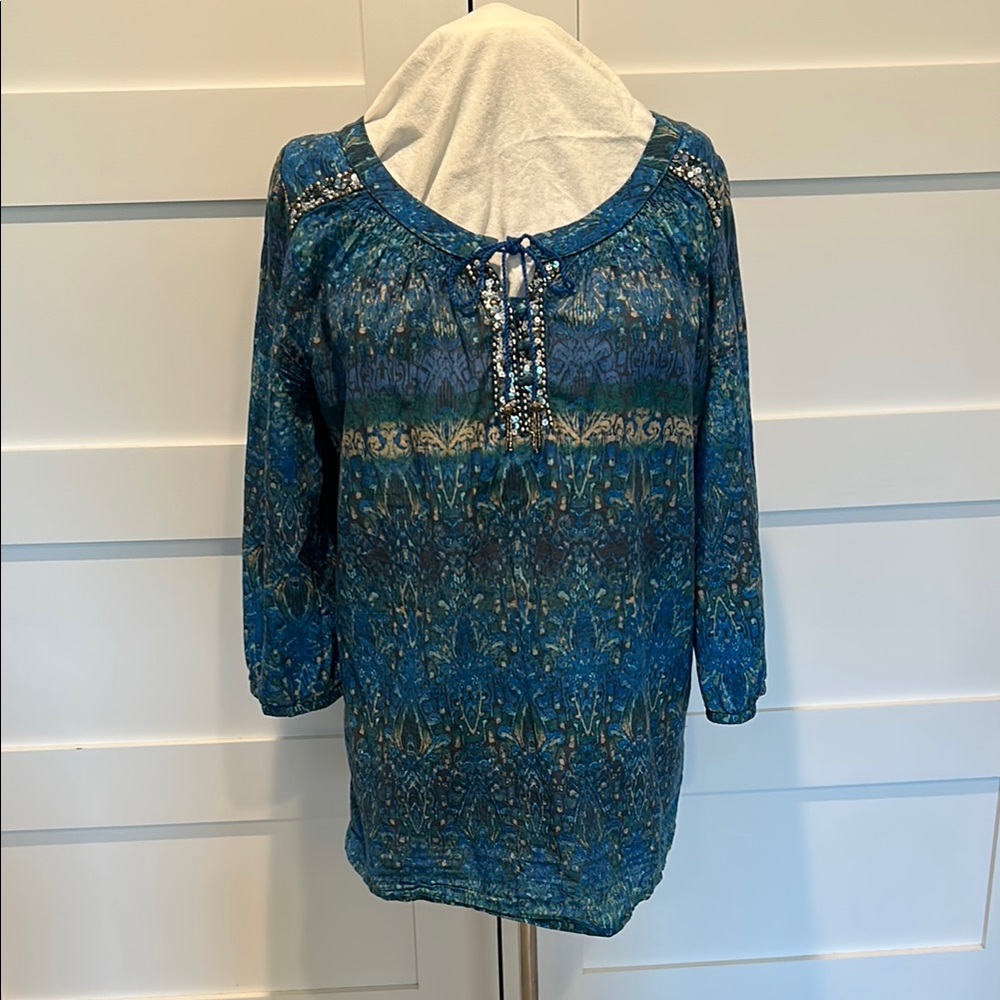 Gloria Vanderbilt Blue Blouse Elegant  Beaded and Sequined Top